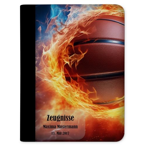 CreaDesign, Kinder Zeugnismappe mit Namen personalisiert, Motiv Basketball mit Klarsichthüllen, A4, 24 x 31 x 1 cm, Rücken schwarz von CreaDesign