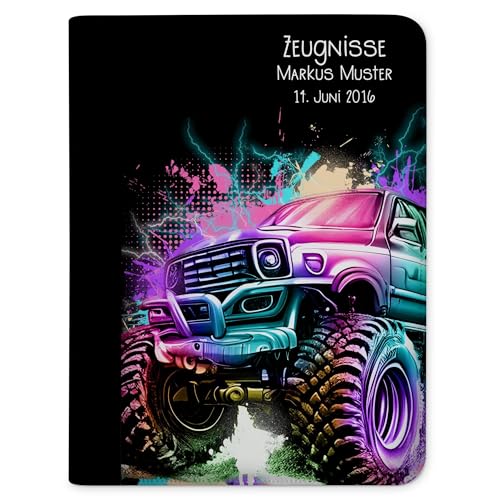 CreaDesign, Kinder Zeugnismappe mit Namen personalisiert, Motiv Monstertruck ohne Klarsichthüllen, A4, 24 x 31 x 1 cm, Rücken schwarz von CreaDesign