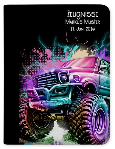 CreaDesign, Kinder Zeugnismappe mit Namen personalisiert, Motiv Monstertruck ohne Klarsichthüllen, A4, 24 x 31 x 1 cm, Rücken schwarz von CreaDesign