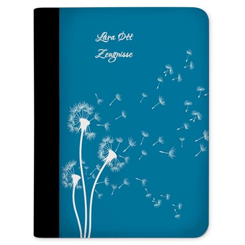 CreaDesign, Kinder Zeugnismappe personalisiert mit Namen, Zeugnis Mappe Pusteblume Blau, DIN A4, 26,7 x 32,7 x 1 cm, Rücken schwarz von CreaDesign