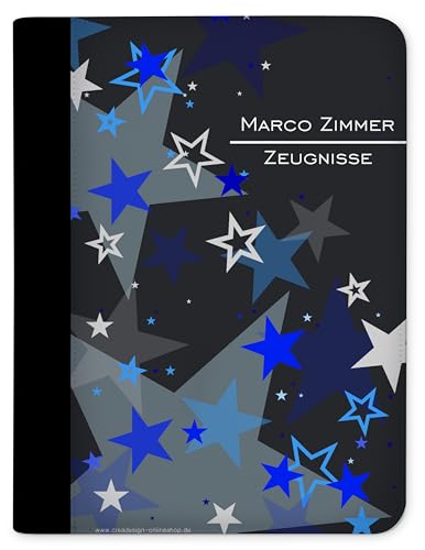 CreaDesign, Kinder Zeugnismappe personalisiert mit Namen, Zeugnis Mappe Sterne Blau, DIN A4, 26,7 x 32,7 x 1 cm, Rücken schwarz von CreaDesign