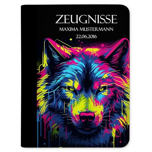 CreaDesign, Kinder Zeugnismappe mit Namen personalisiert, Motiv Wolf Neon ohne Klarsichthüllen, A4, 24 x 31 x 1 cm, Rücken schwarz von CreaDesign