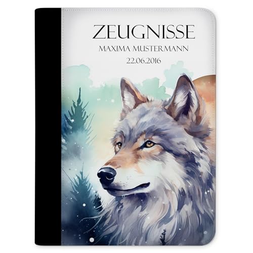 CreaDesign, Kinder Zeugnismappe mit Namen personalisiert, Motiv Wolf Traum ohne Klarsichthüllen, A4, 24 x 31 x 1 cm, Rücken schwarz von CreaDesign