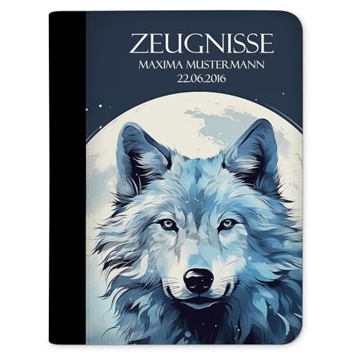 CreaDesign, Kinder Zeugnismappe mit Namen personalisiert, Motiv Wolf blau ohne Klarsichthüllen, A4, 24 x 31 x 1 cm, Rücken schwarz von CreaDesign