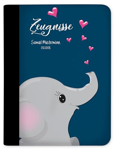 CreaDesign, Kinder Zeugnismappe mit Namen personalisiert, Zeugnis Mappe Elefant Blau mit 10 Klarsichthüllen, A4, 26,7 x 32,7 x 1 cm, Rücken schwarz von CreaDesign