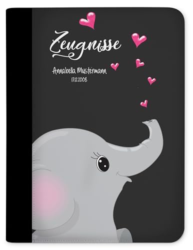 CreaDesign, Kinder Zeugnismappe mit Namen personalisiert, Zeugnis Mappe Elefant Schwarz mit 10 Klarsichthüllen, A4, 26,7 x 32,7 x 1 cm, Rücken schwarz von CreaDesign