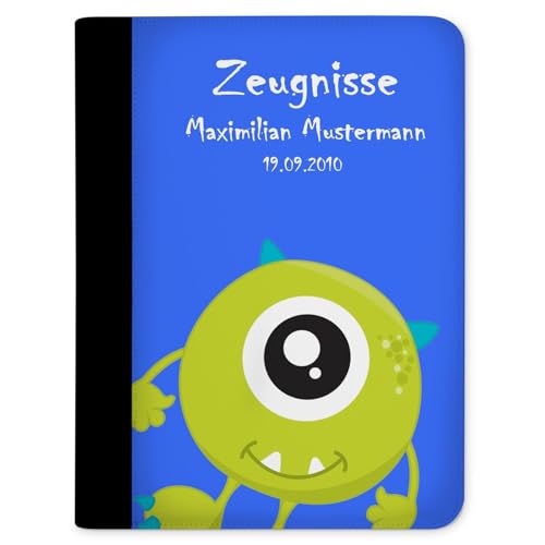 CreaDesign, Kinder Zeugnismappe mit Namen personalisiert, Zeugnis Mappe Monster mit 10 Klarsichthüllen, A4, 26,7 x 32,7 x 1 cm, Rücken schwarz von CreaDesign