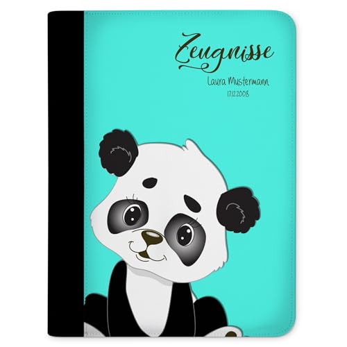 CreaDesign, Kinder Zeugnismappe mit Namen personalisiert, Zeugnis Mappe Panda Bär Türkis mit 10 Klarsichthüllen, A4, 26,7 x 32,7 x 1 cm, Rücken schwarz von CreaDesign