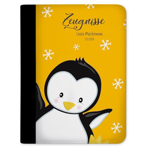 CreaDesign, Kinder Zeugnismappe mit Namen personalisiert, Zeugnis Mappe Pinguin Gelb mit 10 Klarsichthüllen, A4, 26,7 x 32,7 x 1 cm, Rücken schwarz von CreaDesign