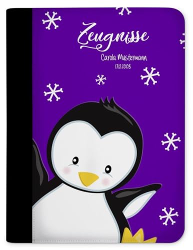 CreaDesign, Kinder Zeugnismappe mit Namen personalisiert, Zeugnis Mappe Pinguin Lila mit 10 Klarsichthüllen, A4, 26,7 x 32,7 x 1 cm, Rücken schwarz von CreaDesign