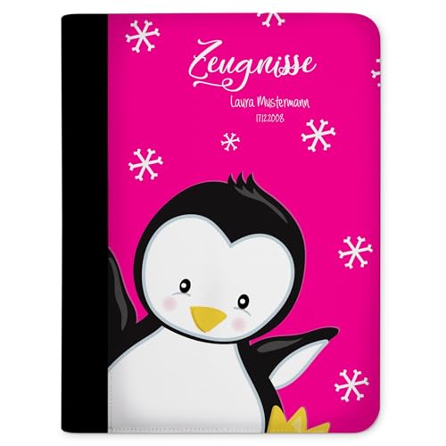 CreaDesign, Kinder Zeugnismappe mit Namen personalisiert, Zeugnis Mappe Pinguin Pink mit 10 Klarsichthüllen, A4, 26,7 x 32,7 x 1 cm, Rücken schwarz von CreaDesign