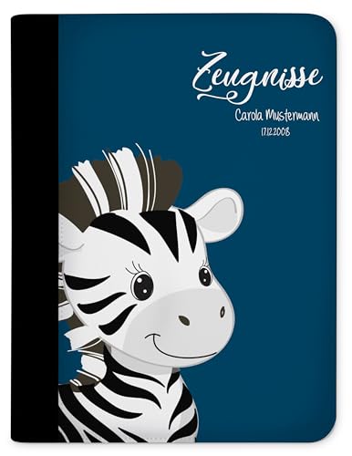 CreaDesign, Kinder Zeugnismappe mit Namen personalisiert, Zeugnis Mappe Zebra Blau mit 10 Klarsichthüllen, A4, 26,7 x 32,7 x 1 cm, Rücken schwarz von CreaDesign