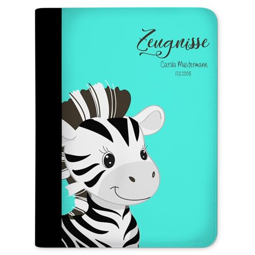 CreaDesign, Kinder Zeugnismappe mit Namen personalisiert, Zeugnis Mappe Zebra Türkis mit 10 Klarsichthüllen, A4, 26,7 x 32,7 x 1 cm, Rücken schwarz von CreaDesign