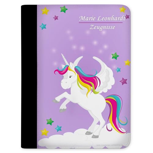 CreaDesign, Kinder Zeugnismappe personalisiert mit Namen, Zeugnis Mappe Einhorn Lila, DIN A4, 26,7 x 32,7 x 1 cm, Rücken schwarz von CreaDesign