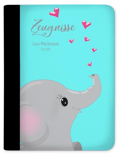 CreaDesign, Kinder Zeugnismappe personalisiert mit Namen, Zeugnis Mappe Elefant Türkis, DIN A4, 26,7 x 32,7 x 1 cm, Rücken schwarz von CreaDesign