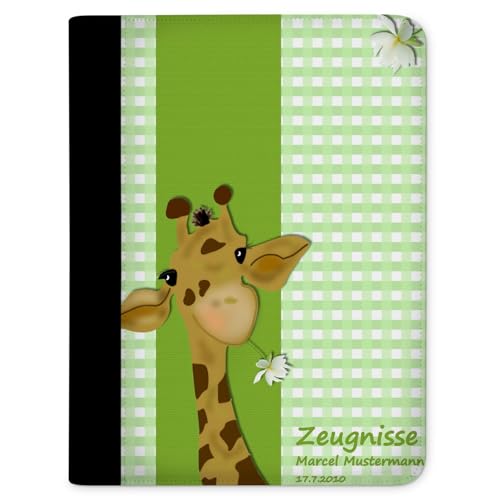 CreaDesign, Kinder Zeugnismappe personalisiert mit Namen, Zeugnis Mappe Giraffe Grün, DIN A4, 26,7 x 32,7 x 1 cm, Rücken schwarz von CreaDesign