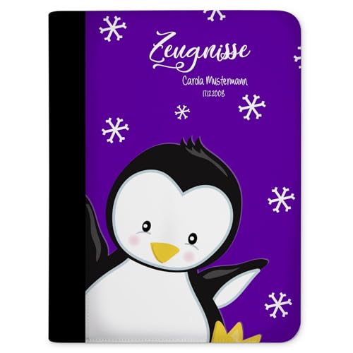 CreaDesign, Kinder Zeugnismappe personalisiert mit Namen, Zeugnis Mappe Pinguin Lila, DIN A4, 26,7 x 32,7 x 1 cm, Rücken schwarz von CreaDesign