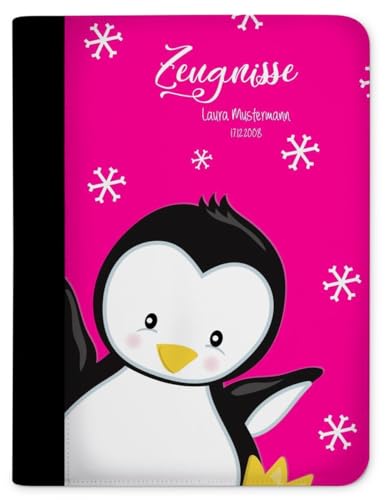 CreaDesign, Kinder Zeugnismappe personalisiert mit Namen, Zeugnis Mappe Pinguin Pink, DIN A4, 26,7 x 32,7 x 1 cm, Rücken schwarz von CreaDesign