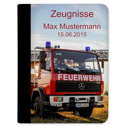 CreaDesign, Kinder Zeugnismappe mit Namen personalisiert, Zeugnis Mappe Feuerwehr Drehleiter mit 10 Klarsichthüllen, A4, 26,7 x 32,7 x 1 cm, Rücken schwarz von CreaDesign