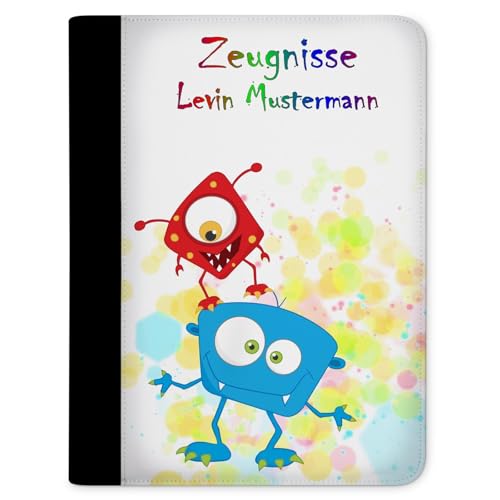 CreaDesign, Kinder Zeugnismappe mit Namen personalisiert, Zeugnis Mappe Monster Farbkleks mit 10 Klarsichthüllen, A4, 26,7 x 32,7 x 1 cm, Rücken schwarz von CreaDesign