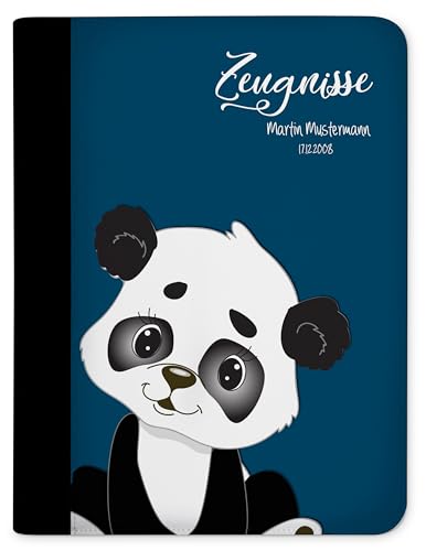 CreaDesign, Kinder Zeugnismappe mit Namen personalisiert, Zeugnis Mappe Panda Bär Blau mit 10 Klarsichthüllen, A4, 26,7 x 32,7 x 1 cm, Rücken schwarz von CreaDesign