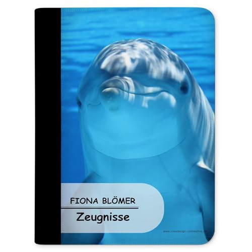 CreaDesign, Kinder Zeugnismappe mit Namen personalisiert, Zeugnis Mappe Delfin mit 10 Klarsichthüllen, A4, 26,7 x 32,7 x 1 cm, Rücken schwarz von CreaDesign