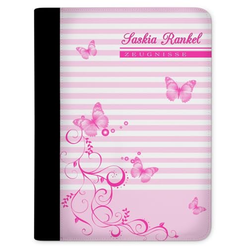 CreaDesign, Kinder Zeugnismappe personalisiert mit Namen, Zeugnis Mappe Schmetterling Pink, DIN A4, 26,7 x 32,7 x 1 cm, Rücken schwarz von CreaDesign