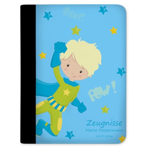 CreaDesign, Kinder Zeugnismappe personalisiert mit Namen, Zeugnis Mappe Superheld Blau, DIN A4, 26,7 x 32,7 x 1 cm, Rücken schwarz von CreaDesign