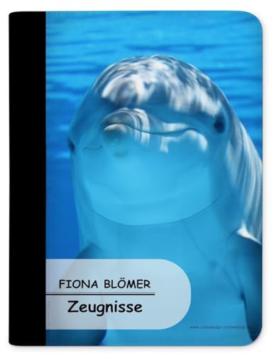 CreaDesign, Kinder Zeugnismappe personalisiert mit Namen, Zeugnis Mappe Delfin, DIN A4, 26,7 x 32,7 x 1 cm, Rücken schwarz von CreaDesign