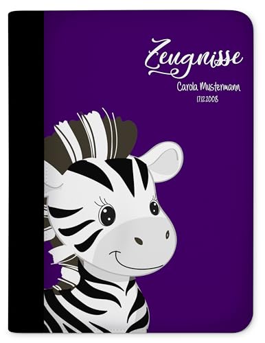 CreaDesign, Kinder Zeugnismappe personalisiert mit Namen, Zeugnis Mappe Zebra Lila, DIN A4, 26,7 x 32,7 x 1 cm, Rücken schwarz von CreaDesign