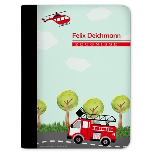 CreaDesign, Kinder Zeugnismappe personalisiert mit Namen, Zeugnis Mappe Feuerwehr, DIN A4, 26,7 x 32,7 x 1 cm, Rücken schwarz von CreaDesign