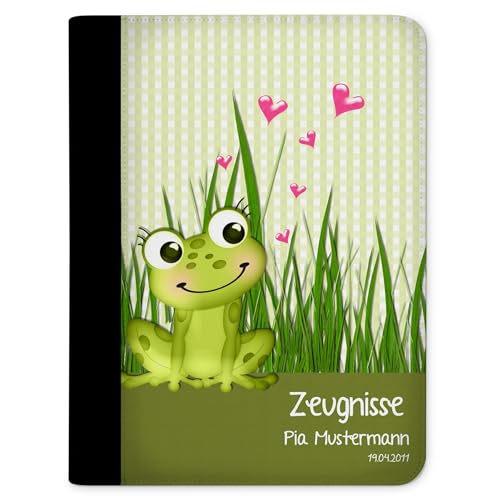 CreaDesign, Kinder Zeugnismappe personalisiert mit Namen, Zeugnis Mappe Frosch Gras, DIN A4, 26,7 x 32,7 x 1 cm, Rücken schwarz von CreaDesign