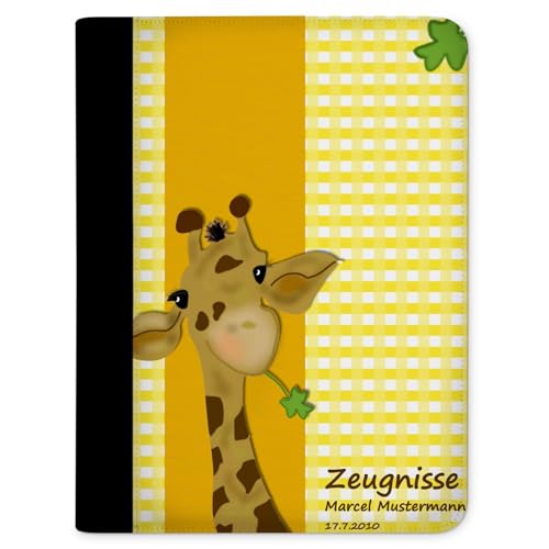 CreaDesign, Kinder Zeugnismappe personalisiert mit Namen, Zeugnis Mappe Giraffe Gelb, DIN A4, 26,7 x 32,7 x 1 cm, Rücken schwarz von CreaDesign