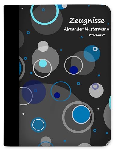 CreaDesign, Kinder Zeugnismappe personalisiert mit Namen, Zeugnis Mappe Kreise Blau, DIN A4, 26,7 x 32,7 x 1 cm, Rücken schwarz von CreaDesign