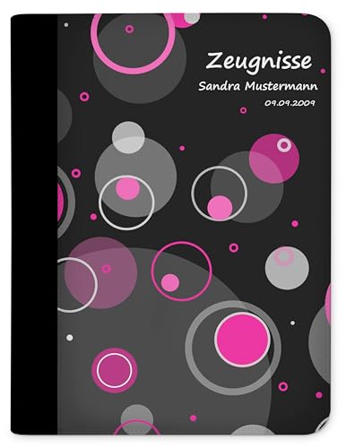 CreaDesign, Kinder Zeugnismappe personalisiert mit Namen, Zeugnis Mappe Kreise Rosa, DIN A4, 26,7 x 32,7 x 1 cm, Rücken schwarz von CreaDesign