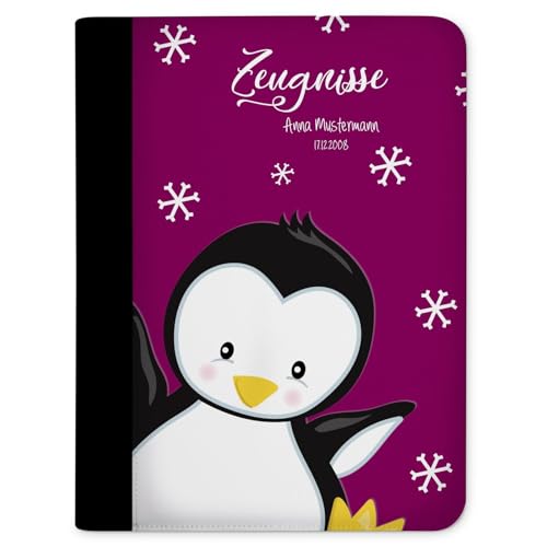 CreaDesign, Kinder Zeugnismappe personalisiert mit Namen, Zeugnis Mappe Pinguin Brombeere, DIN A4, 26,7 x 32,7 x 1 cm, Rücken schwarz von CreaDesign