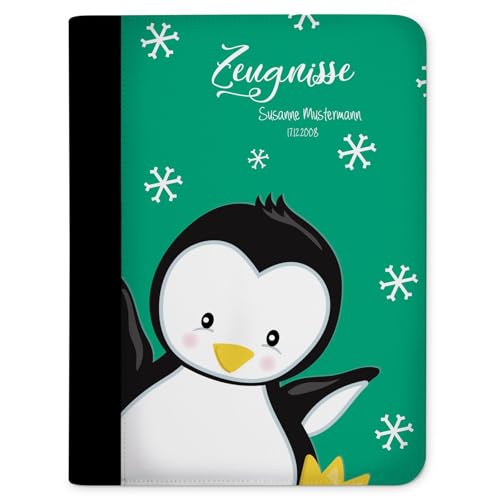 CreaDesign, Kinder Zeugnismappe personalisiert mit Namen, Zeugnis Mappe Pinguin Petrol, DIN A4, 26,7 x 32,7 x 1 cm, Rücken schwarz von CreaDesign