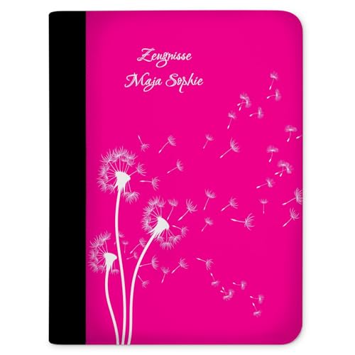 CreaDesign, Kinder Zeugnismappe personalisiert mit Namen, Zeugnis Mappe Pusteblume Pink, DIN A4, 26,7 x 32,7 x 1 cm, Rücken schwarz von CreaDesign