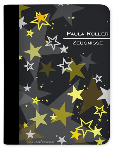 CreaDesign, Kinder Zeugnismappe personalisiert mit Namen, Zeugnis Mappe Sterne Gelb, DIN A4, 26,7 x 32,7 x 1 cm, Rücken schwarz von CreaDesign