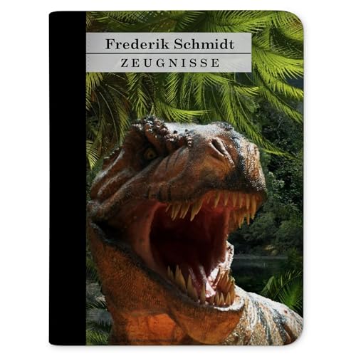 CreaDesign, Kinder Zeugnismappe personalisiert mit Namen, Zeugnis Mappe Dinosaurier T-Rex, DIN A4, 26,7 x 32,7 x 1 cm, Rücken schwarz von CreaDesign