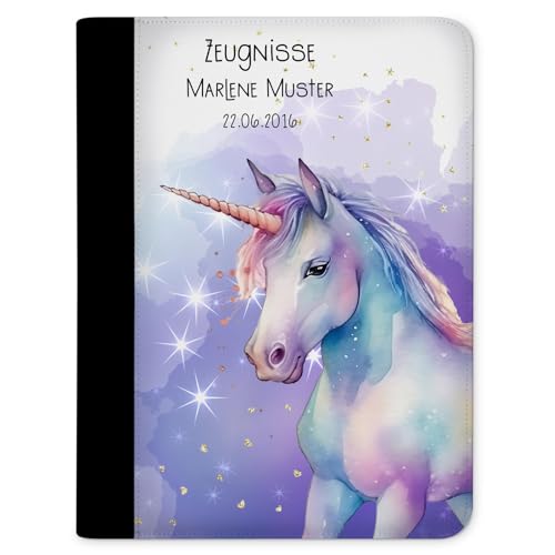 CreaDesign Zeugnismappe personalisiert mit Namen, Zeugnis Mappe Einhorn Watercolor mit 10 Klarsichthüllen, A4, 26,7 x 32,7 x 1 cm, Rücken schwarz von CreaDesign