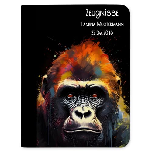 CreaDesign Zeugnismappe personalisiert mit Namen, Zeugnis Mappe Gorilla mit 10 Klarsichthüllen, A4, 26,7 x 32,7 x 1 cm, Rücken schwarz von CreaDesign