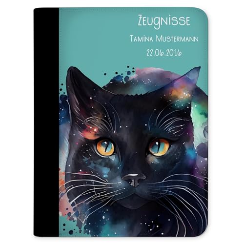 CreaDesign Zeugnismappe personalisiert mit Namen, Zeugnis Mappe Katze schwarz mit 10 Klarsichthüllen, A4, 26,7 x 32,7 x 1 cm, Rücken schwarz von CreaDesign