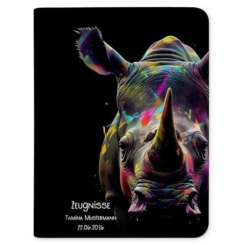 CreaDesign Zeugnismappe personalisiert mit Namen, Zeugnis Mappe Nashorn mit 10 Klarsichthüllen, A4, 26,7 x 32,7 x 1 cm, Rücken schwarz von CreaDesign