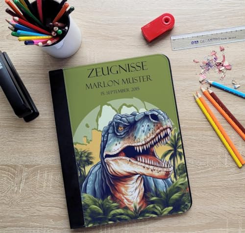 CreaDesign Zeugnismappe personalisiert mit Namen, Zeugnis Mappe Dinosaurier T-Rex Zeichnung mit 10 Klarsichthüllen, A4, 26,7 x 32,7 x 1 cm, Rücken schwarz von CreaDesign