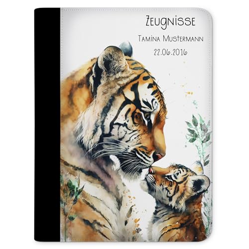 CreaDesign Zeugnismappe personalisiert mit Namen, Zeugnis Mappe Tiger Familie mit 10 Klarsichthüllen, A4, 26,7 x 32,7 x 1 cm, Rücken schwarz von CreaDesign