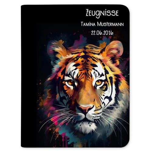 CreaDesign Zeugnismappe personalisiert mit Namen, Zeugnis Mappe Tiger dark mit 10 Klarsichthüllen, A4, 26,7 x 32,7 x 1 cm, Rücken schwarz von CreaDesign