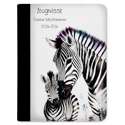 CreaDesign Zeugnismappe personalisiert mit Namen, Zeugnis Mappe Zebra Familie mit 10 Klarsichthüllen, A4, 26,7 x 32,7 x 1 cm, Rücken schwarz von CreaDesign