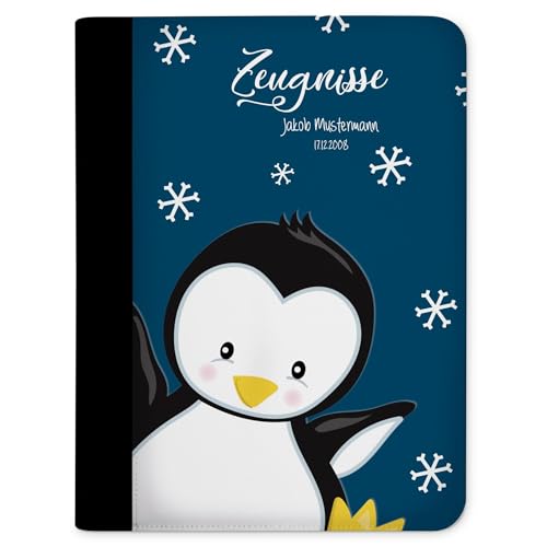 CreaDesign, Kinder Zeugnismappe mit Namen personalisiert, Zeugnis Mappe Pinguin Blau mit 10 Klarsichthüllen, A4, 26,7 x 32,7 x 1 cm, Rücken schwarz von CreaDesign