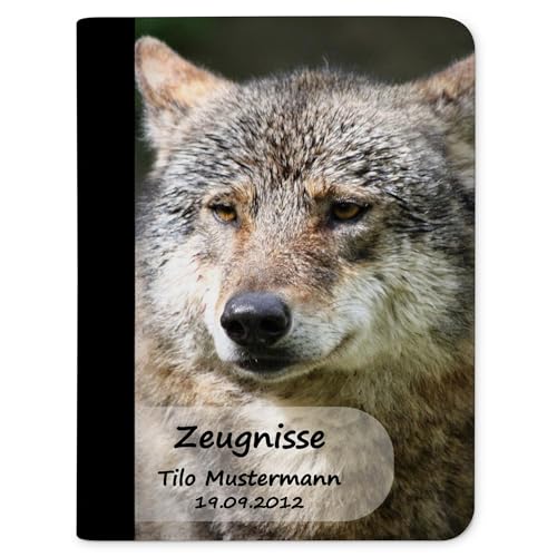 CreaDesign, Kinder Zeugnismappe mit Namen personalisiert, Zeugnis Mappe Wolf mit 10 Klarsichthüllen, A4, 26,7 x 32,7 x 1 cm, Rücken schwarz von CreaDesign